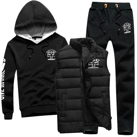 Men Set 3 Piece Brand Hoodie Warm Vest Pants Winter Male Zipper Sportswear Clothes Sweatshirt Coat Hood Tracksuit Men Sport Suit - Style Hoodie